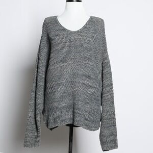 Vintage Boho Chunky Knit V-Neck Sweater Medium Marled Blue 100% Cotton